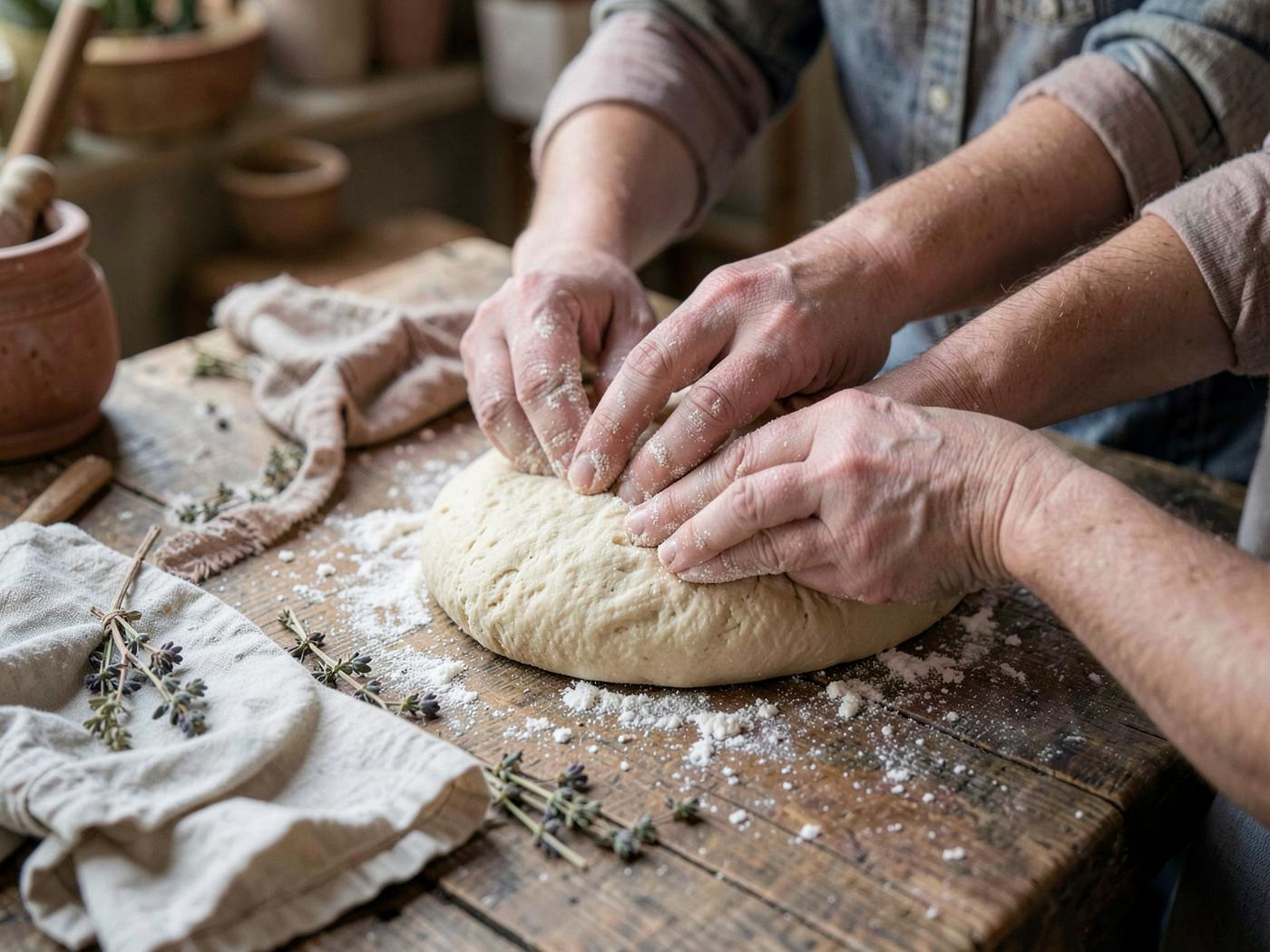 Kilka par dłoni wspólnie wyrabiających ciasto na drewnianym stole